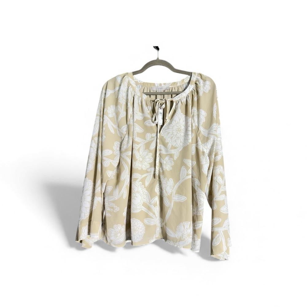 LOFT Beige Floral Cottagecore Neck tie Blouse Large NWT